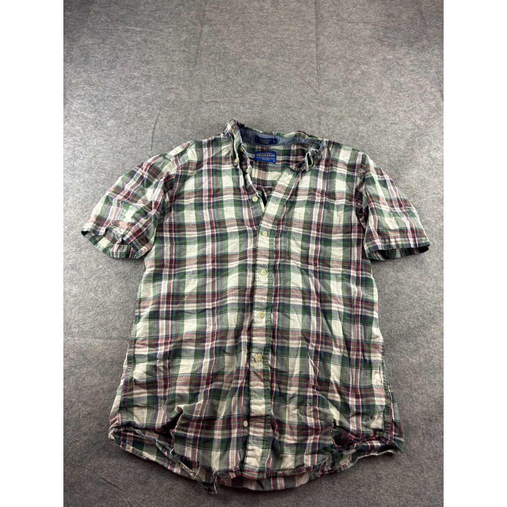 Pendleton Seaside Shirt Mens L Green Red Plaid Cotton Short Sleeve Thrashed